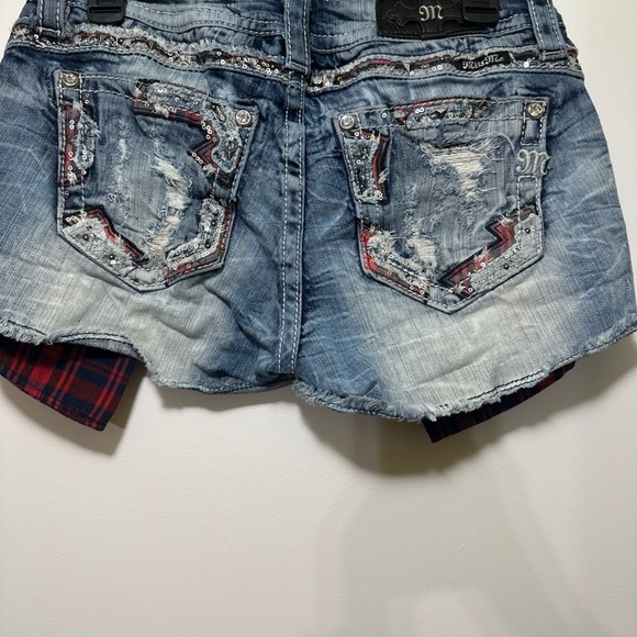 Miss Me Distressed Blue Jean Shorts with Red Plaid Accents Size 29 - Picture 2 of 9